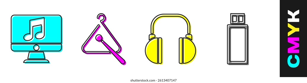 Set Computer with music note, Triangle musical instrument, Headphones and USB flash drive icon. Vector