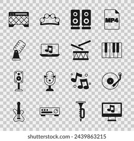 Set Computer with music note, Vinyl player, Music synthesizer, Stereo speaker, Laptop, Microphone, Guitar amplifier and Drum drum sticks icon. Vector