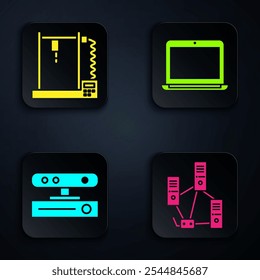 Set Computernetzwerk, 3D-Drucker, Bewegungssensor und Laptop. Schwarzer quadratischer Knopf. Vektorgrafik