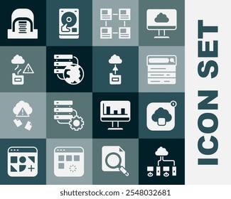 Set Computer network, Cloud technology data transfer, Search engine, Hierarchy organogram chart, Network cloud connection, Hangar with servers and  icon. Vector