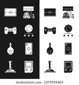 Set Computer network, Gamepad, Chest for game, Racing simulator cockpit, Bottle with magic elixir, Playing card diamonds, Portable video console and Joystick arcade machine icon. Vector