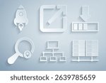 Set Computer network, Loading, Search location, Server, Data, Web Hosting, Open new window and Rocket ship with fire icon. Vector