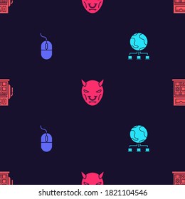 Set Computer network, mouse, Mask of the devil with horns and Slot machine on seamless pattern. Vector.