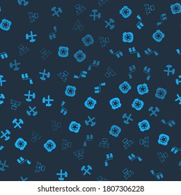 Establecer la red de computadoras, la insignia de la policía, el árbol de carpetas y dos martillos cruzados en un patrón sin fisuras. Vector.