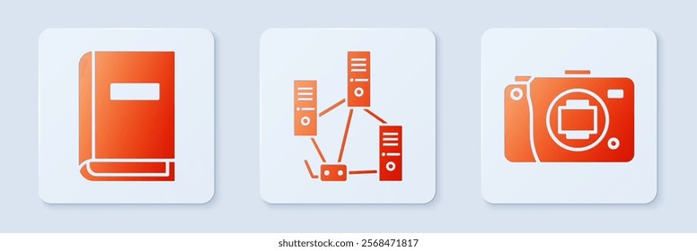 Set Computer network, User manual and Mirrorless camera. White square button. Vector