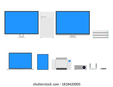 Set of computer office equipment (Desktop, All-in-One Desktop, Server, Laptop, Tablet, Printer, Projector, Router, Switch). Vector illustration.