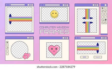 Set of computer opened window frames and borders on a colorful background, Y2K retro illustrations, frames for images.