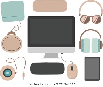 Set of computer and other equipment illustrations, isolated on a white background, perfect for technology, office, electronics, IT, and digital workspace-themed creative projects.