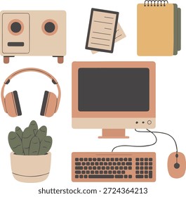 Conjunto de ilustraciones de computadoras y otros equipos, aisladas sobre un fondo blanco, perfectas para proyectos creativos con temas de tecnología, oficina, electrónica, TI y espacio de trabajo digital.