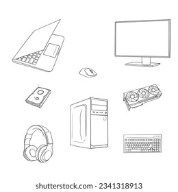 Set of computer part design in hand drawn design for computer day template