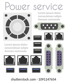 Set of computer parts and device technology of pc hardware components cooler accessories chip processor power server. Electric design devices icon concept graphics.