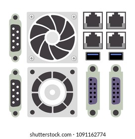 Set of computer parts and device technology of pc hardware components cooler accessories chip processor power server. Electric design devices icon concept graphics.