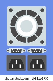 Set of computer parts and device technology of pc hardware components cooler accessories chip processor power server. Electric design devices icon concept graphics.