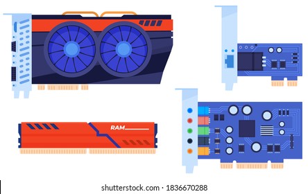 Set of computer parts. video card, RAM, sound card, network card. Isolated vector illustration
