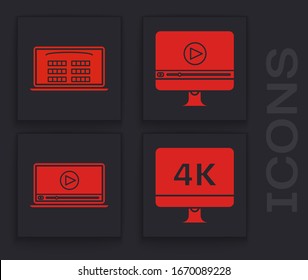 Set Computer PC monitor with 4k video technology , Buy cinema ticket online , Online play video  and Online play video  icon. Vector