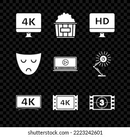 Set Computer PC monitor with 4k video technology, Popcorn in cardboard box, HD, , movie, tape, frame, Play Video, Drama theatrical mask and Online play icon. Vector