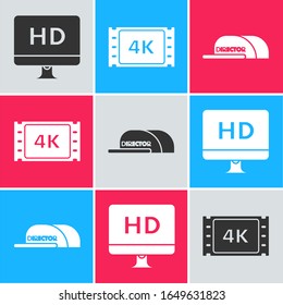 Set Computer PC monitor with HD video technology , 4k movie, tape, frame  and Cap with inscription director  icon. Vector
