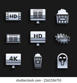 Set Computer PC monitor with HD video technology, Funny and scary ghost mask, Bang boom text speech bubble balloon, 4k, Buy cinema ticket online,  and movie, tape, frame icon. Vector