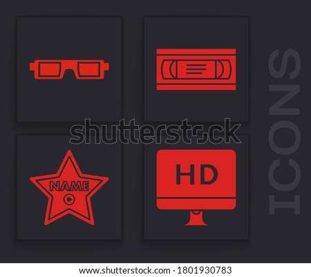 Set Computer PC monitor with HD video technology , 3D cinema glasses , VHS video cassette tape  and Hollywood walk of fame star on celebrity boulevard  icon. Vector