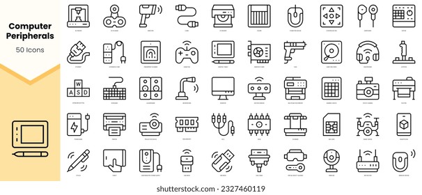 Set of computer peripherals Icons. Simple line art style icons pack. Vector illustration