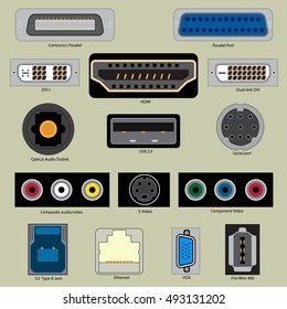 A set of computer ports. Connecting the cable to the computer port.