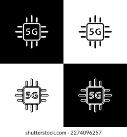 Set Computer processor 5G with microcircuits CPU icon isolated on black and white background. Chip or cpu with circuit board. Micro processor.  Vector