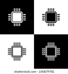 Set Computer processor with microcircuits CPU icons isolated on black and white background. Chip or cpu with circuit board sign. Micro processor. Line, outline and linear icon. Vector Illustration