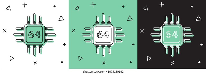Set Computer processor with microcircuits CPU icon isolated on white and green, black background. Chip or cpu with circuit board. Micro processor.  Vector Illustration