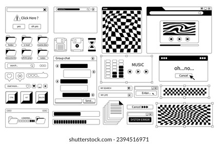 Conjunto de interfaz retro de computadora en el estilo de los años 2000. Elementos de diseño de PC personalizados. Ilustración vectorial moderna en diseño blanco y negro sobre un fondo aislado.