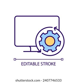 Set up computer RGB color icon. Software adjustment. Optimize desktop PC. Update system. Technology service. Isolated vector illustration. Simple filled line drawing. Editable stroke. Arial font used