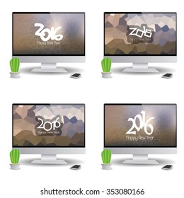 Set of computer screens with a background with text for new year celebrations