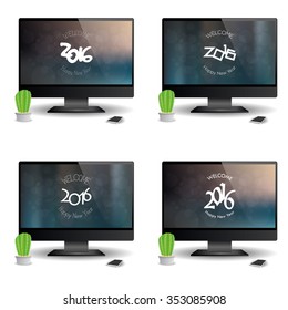 Set of computer screens with a background with text for new year celebrations