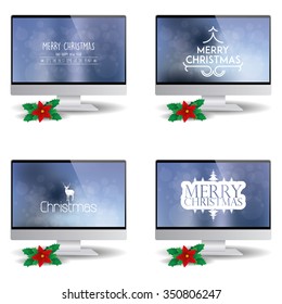 Set of computer screens with backgrounds with text for christmas celebrations