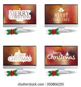 Set of computer screens with backgrounds with text for christmas celebrations