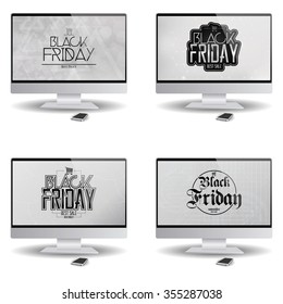 Set of computer screens with black friday backgrounds