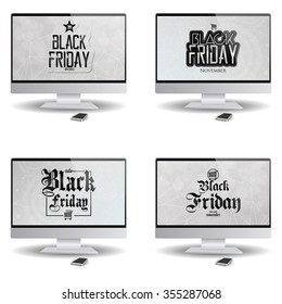Set of computer screens with black friday backgrounds