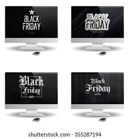 Set of computer screens with black friday backgrounds