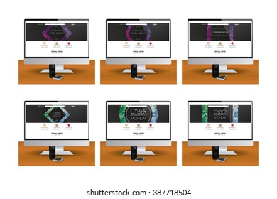 Set of computer screens with different cyber monday web templates