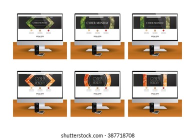 Set of computer screens with different cyber monday web templates