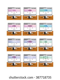 Set of computer screens with different cyber monday web templates