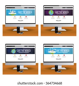 Set of computer screens with different ecological web templates