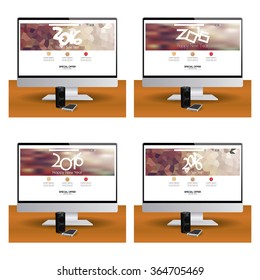 Set of computer screens with different new year web templates