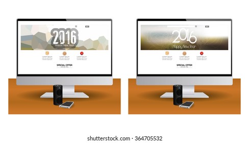 Set of computer screens with different new year web templates