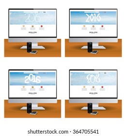 Set of computer screens with different new year web templates