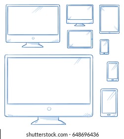 Set of computer screens, smart phones and tablet displays in different sizes for mock up purposes. Hand drawn line art cartoon vector illustration.