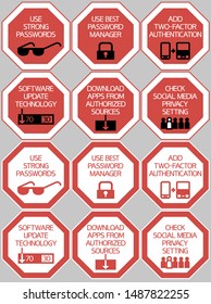 Set of computer security signs.
Basic rules of working on the Internet, octagonal colored signs.