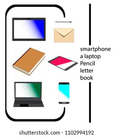 set, computer, smartphone book pencil writing tablet