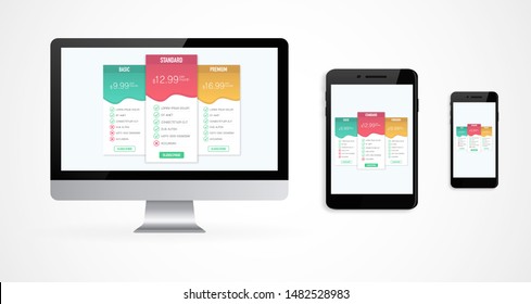 Set of computer, tablet and a phone in a flat vector style. Pricing table in the screens. Vector illustration.
