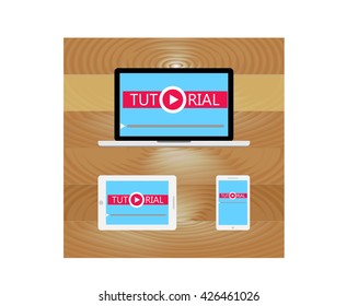 Set of computer, tablet and phone with a lesson on the screen on a wooden table. video concept, online training. Vector illustration in a flat style for websites, brochures