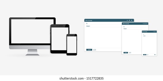 Set Of Computer, Tablet And Phone. Open New Email Window. Design A Simple Blank Web Page. Template Send New Email Window On Your PC, Tablet And Mobile Phone. 